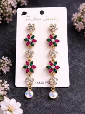 Fashion Jewelry Gold-Tone Pink & Green Floral Crystal Drop Earrings NEW